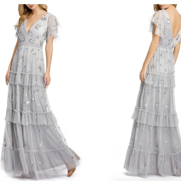 MAC DUGGAL SEQUIN TIERED FLUTTER SLEEVE PLATINUM GOWN sz 8 - Picture 1 of 4